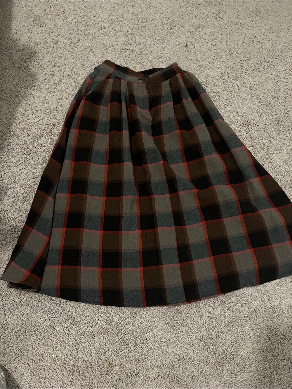 Anthropologie Plaid Circle Skirt in Olive, Black & Red Accent
